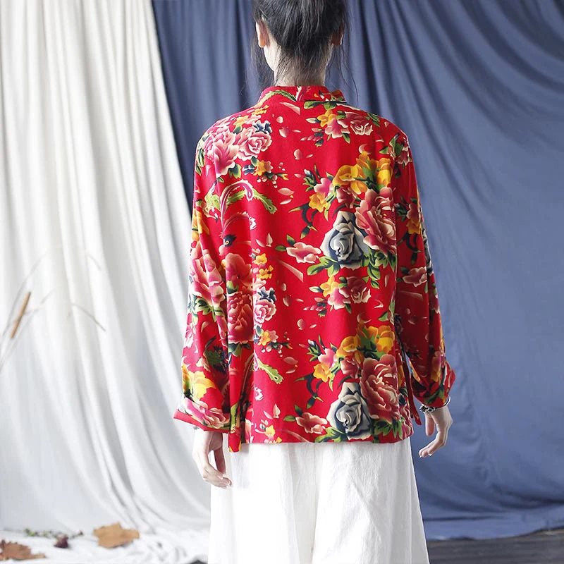 Giacca camicia a maniche lunghe in lino di cotone con bottoni a rana, etnica, con fiori rossi, peonia e tasche , Buddha Stones - Image 3
