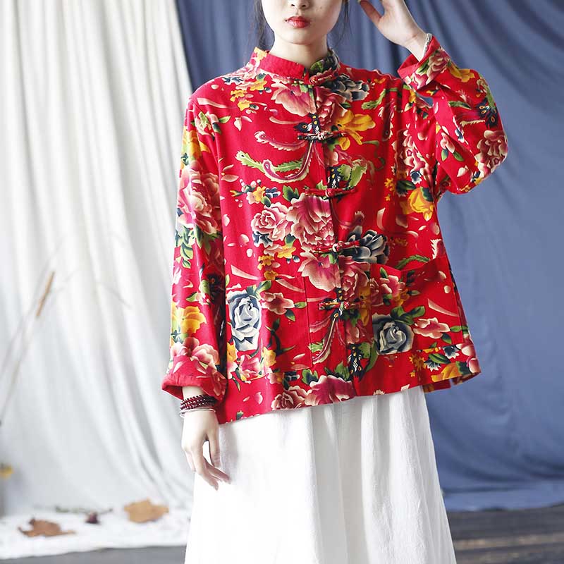 Giacca camicia a maniche lunghe in lino di cotone con bottoni a rana, etnica, con fiori rossi, peonia e tasche , Buddha Stones - Image 6