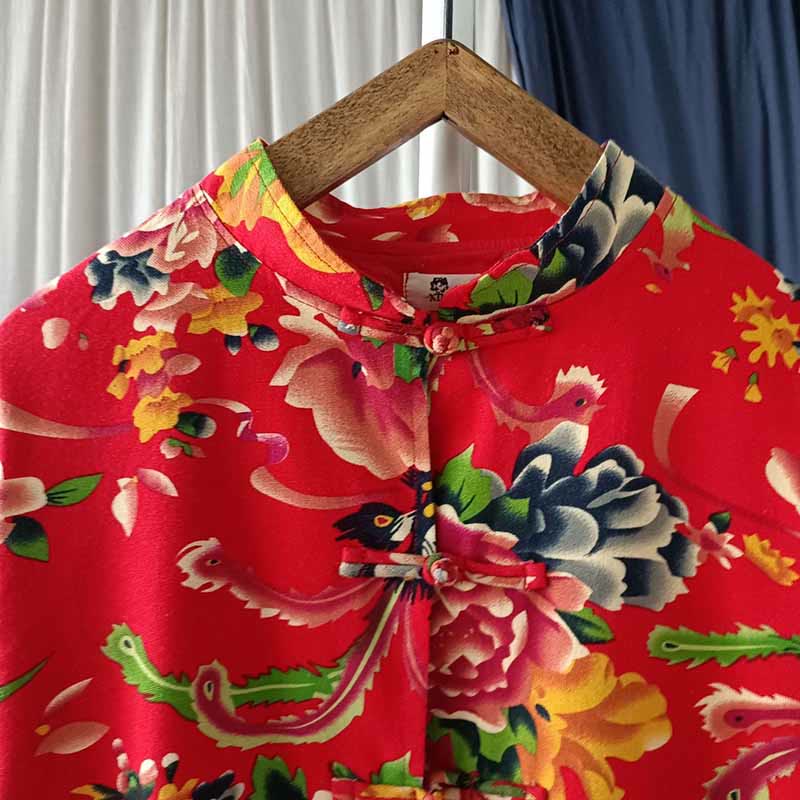 Giacca camicia a maniche lunghe in lino di cotone con bottoni a rana, etnica, con fiori rossi, peonia e tasche , Buddha Stones - Image 7
