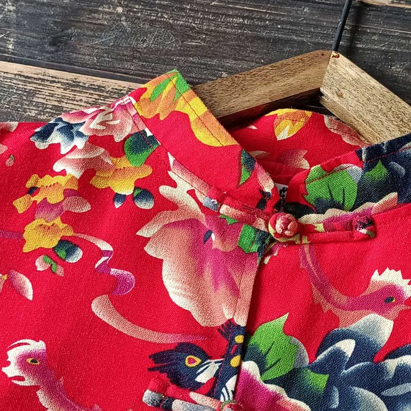 Giacca camicia a maniche lunghe in lino di cotone con bottoni a rana, etnica, con fiori rossi, peonia e tasche , Buddha Stones - Image 8