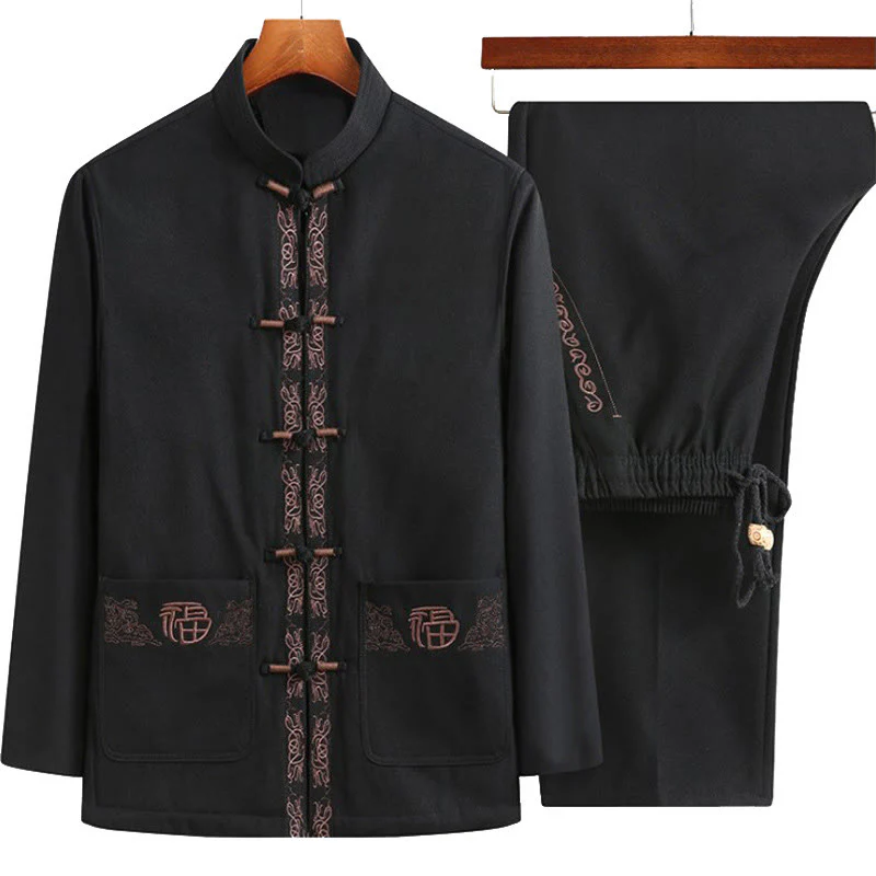 Giacca, camicia e pantaloni a maniche lunghe da uomo con bottoni a rana, ricamo del personaggio Fu Buddha Stones