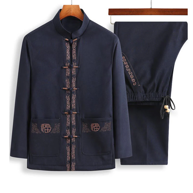 Giacca, camicia e pantaloni a maniche lunghe da uomo con bottoni a rana, ricamo del personaggio Fu Buddha Stones - Image 6