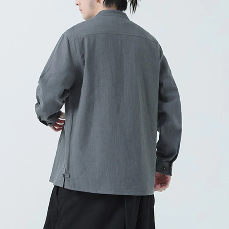 Giacca camicia foderata in pile di cotone e lino ramiè con bottoni da uomo Buddha Stones con tasche - Image 15