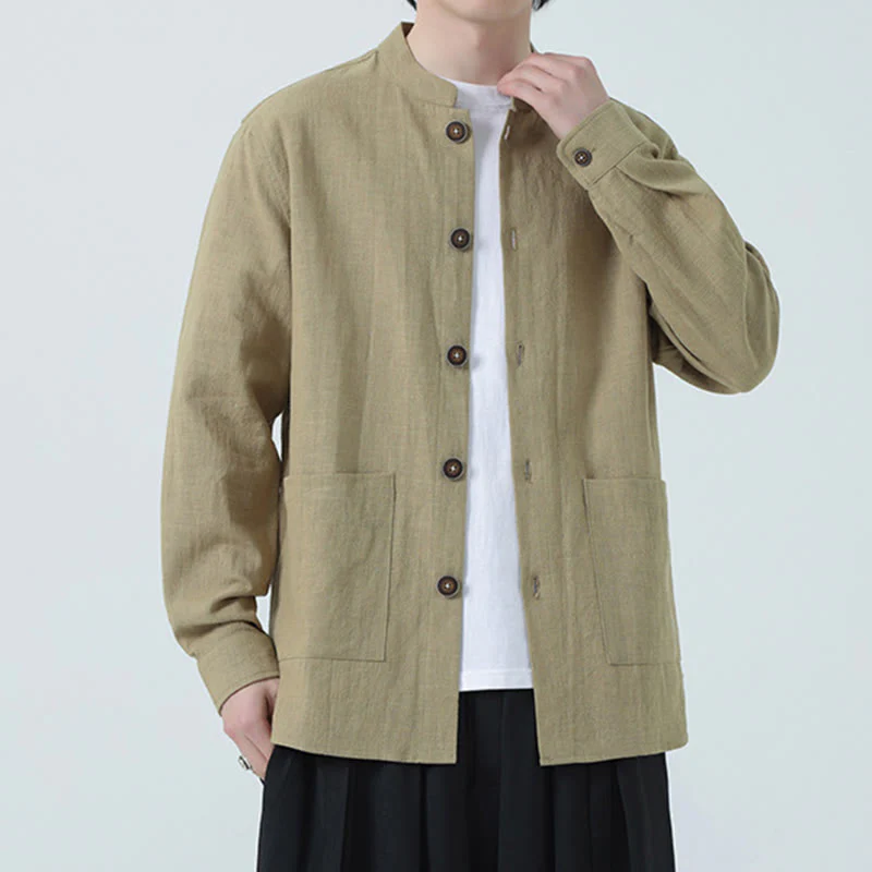 Giacca camicia foderata in pile di cotone e lino ramiè con bottoni da uomo Buddha Stones con tasche - Image 28