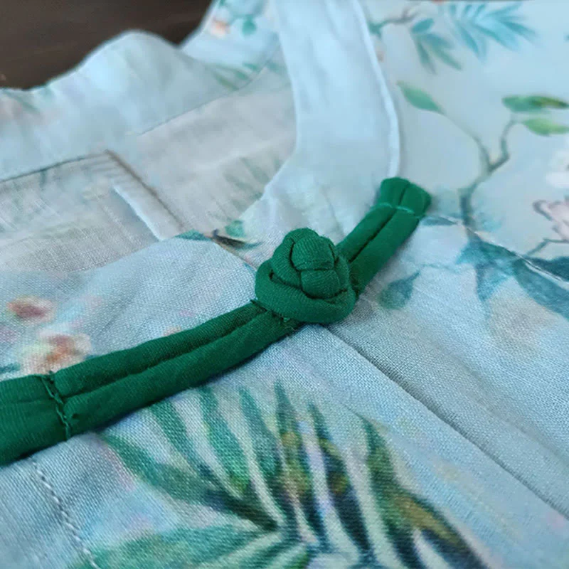 Giacca camicia in lino ramiè a maniche lunghe con bottoni a rana , Buddha Stones, fiori rosa verde chiaro, foglie verdi - Image 11