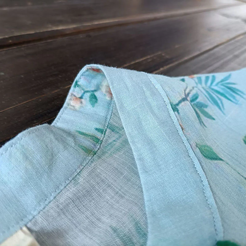 Giacca camicia in lino ramiè a maniche lunghe con bottoni a rana , Buddha Stones, fiori rosa verde chiaro, foglie verdi - Image 12
