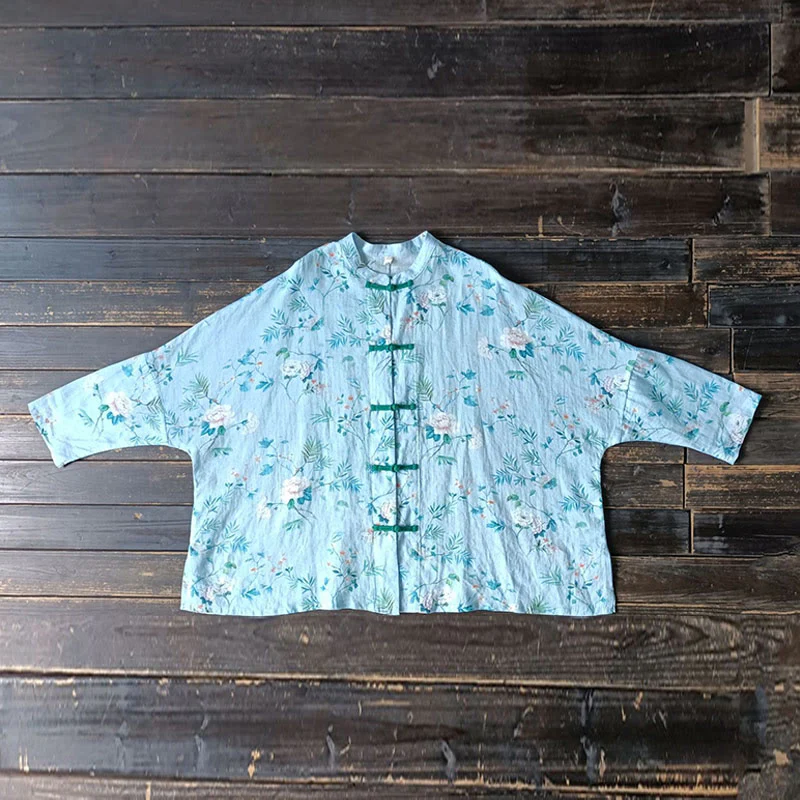 Giacca camicia in lino ramiè a maniche lunghe con bottoni a rana , Buddha Stones, fiori rosa verde chiaro, foglie verdi - Image 17