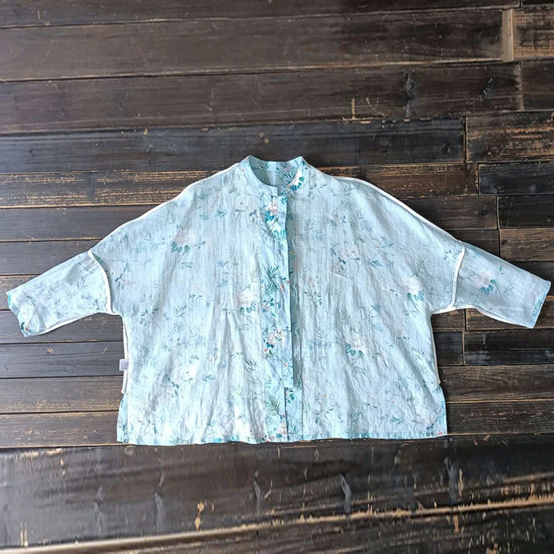Giacca camicia in lino ramiè a maniche lunghe con bottoni a rana , Buddha Stones, fiori rosa verde chiaro, foglie verdi - Image 18