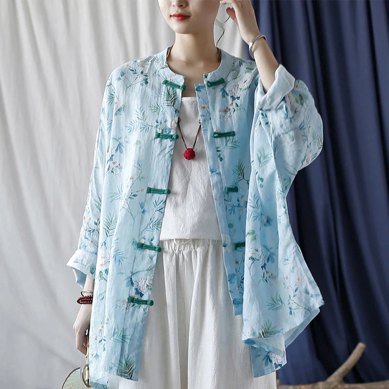 Giacca camicia in lino ramiè a maniche lunghe con bottoni a rana , Buddha Stones, fiori rosa verde chiaro, foglie verdi - Image 19