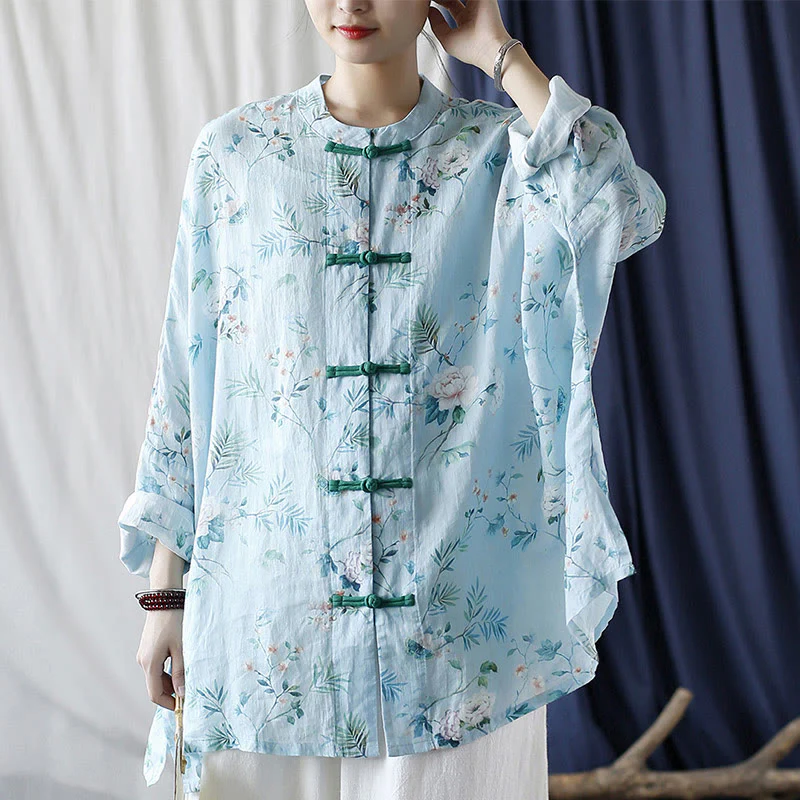 Giacca camicia in lino ramiè a maniche lunghe con bottoni a rana , Buddha Stones, fiori rosa verde chiaro, foglie verdi - Image 22