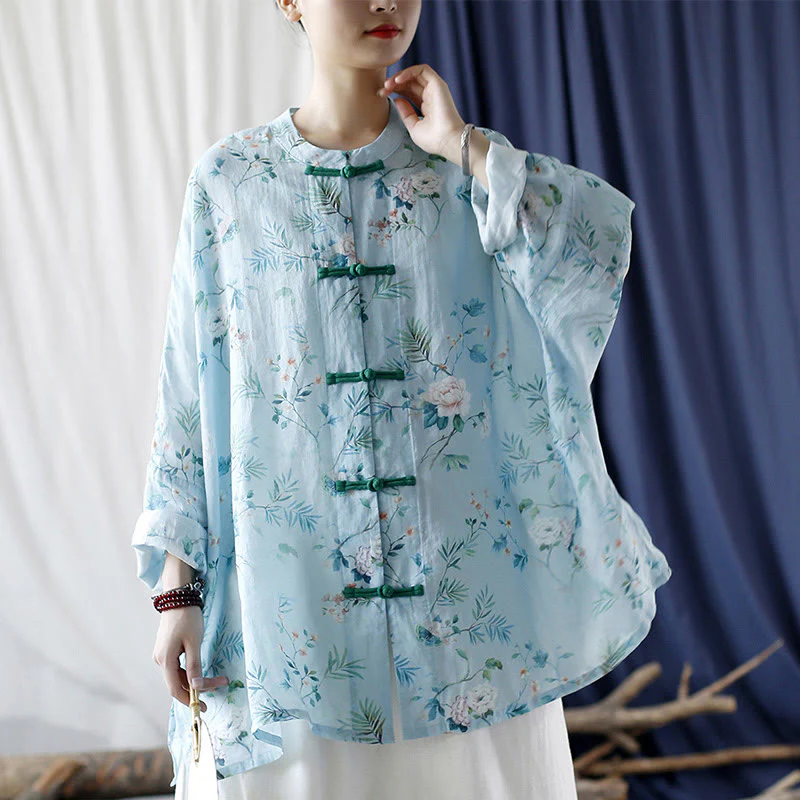 Giacca camicia in lino ramiè a maniche lunghe con bottoni a rana , Buddha Stones, fiori rosa verde chiaro, foglie verdi - Image 25