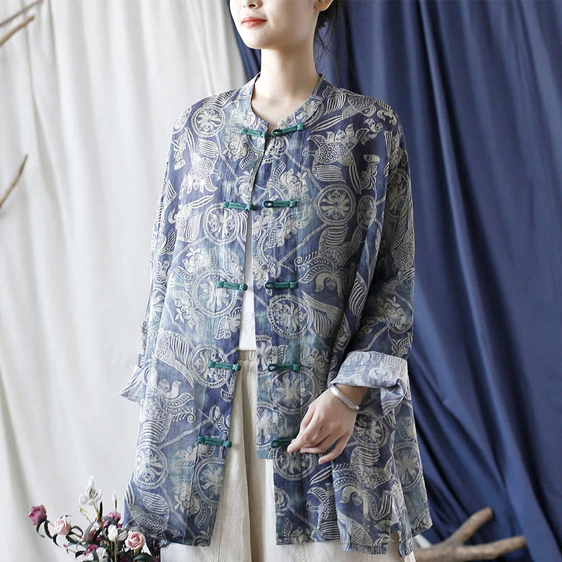 Giacca camicia in lino ramiè a maniche lunghe con bottoni a rana, Buddha Stones, uccelli, fiori e geometria