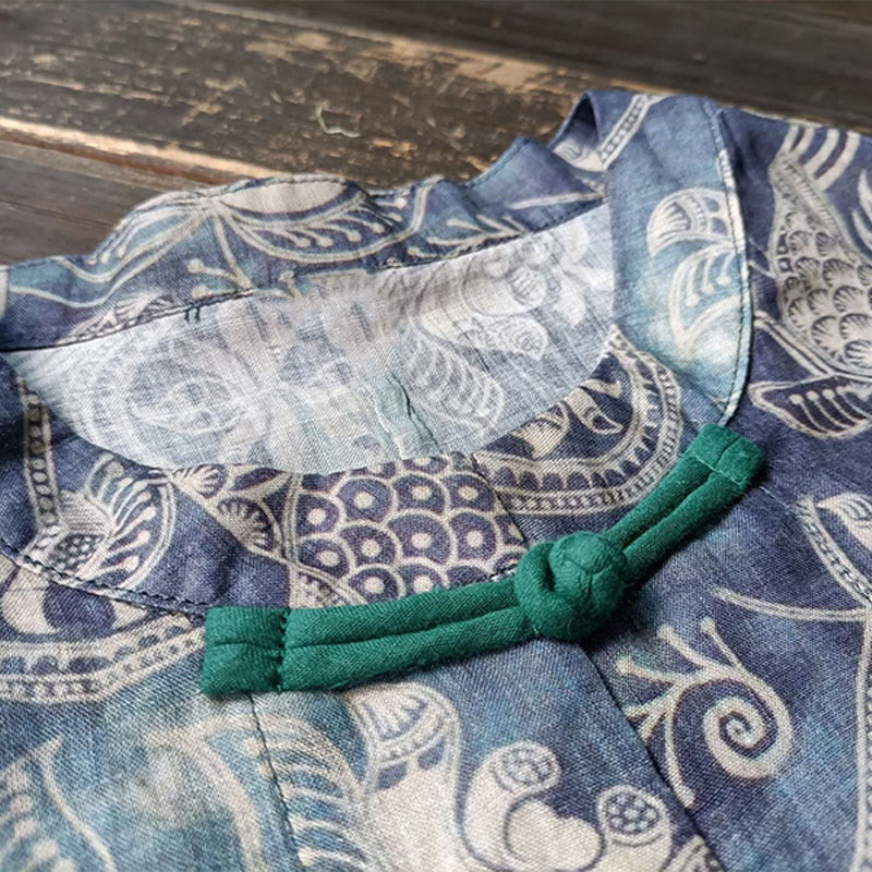 Giacca camicia in lino ramiè a maniche lunghe con bottoni a rana, Buddha Stones, uccelli, fiori e geometria - Image 10