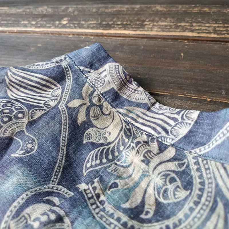 Giacca camicia in lino ramiè a maniche lunghe con bottoni a rana, Buddha Stones, uccelli, fiori e geometria - Image 11