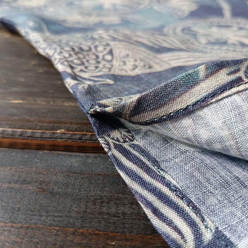 Giacca camicia in lino ramiè a maniche lunghe con bottoni a rana, Buddha Stones, uccelli, fiori e geometria - Image 12