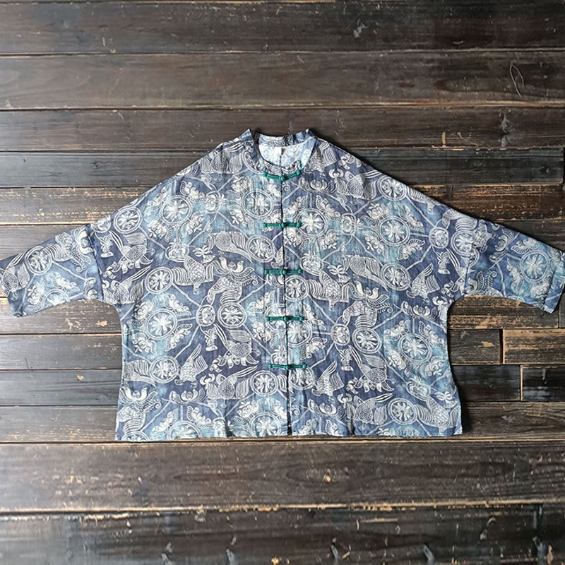 Giacca camicia in lino ramiè a maniche lunghe con bottoni a rana, Buddha Stones, uccelli, fiori e geometria - Image 15