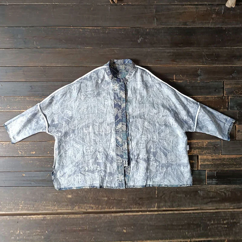Giacca camicia in lino ramiè a maniche lunghe con bottoni a rana, Buddha Stones, uccelli, fiori e geometria - Image 16