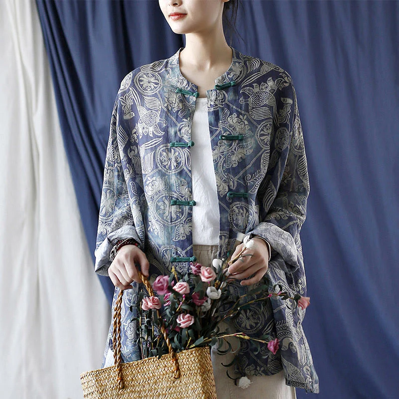 Giacca camicia in lino ramiè a maniche lunghe con bottoni a rana, Buddha Stones, uccelli, fiori e geometria - Image 17