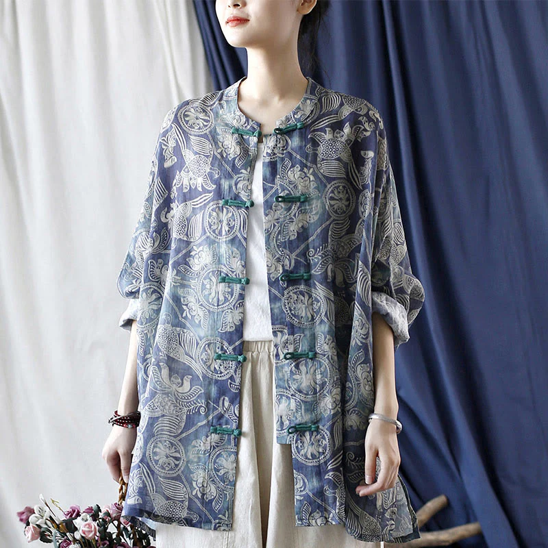Giacca camicia in lino ramiè a maniche lunghe con bottoni a rana, Buddha Stones, uccelli, fiori e geometria - Image 18