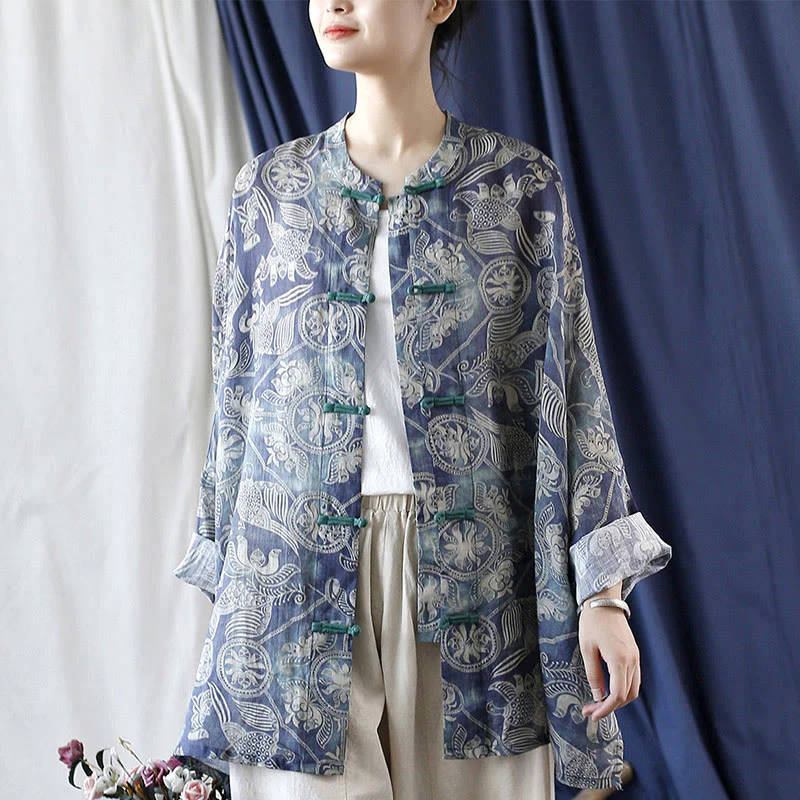 Giacca camicia in lino ramiè a maniche lunghe con bottoni a rana, Buddha Stones, uccelli, fiori e geometria - Image 19