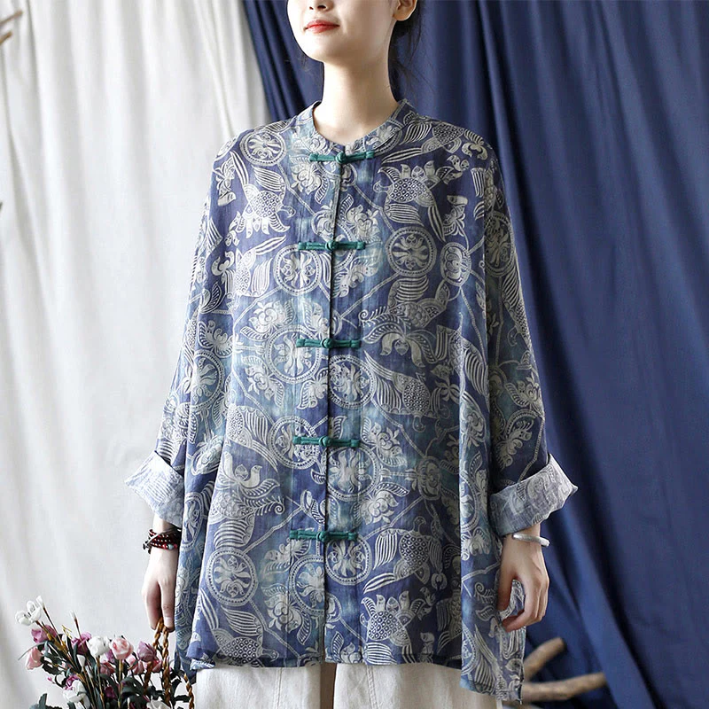 Giacca camicia in lino ramiè a maniche lunghe con bottoni a rana, Buddha Stones, uccelli, fiori e geometria - Image 2