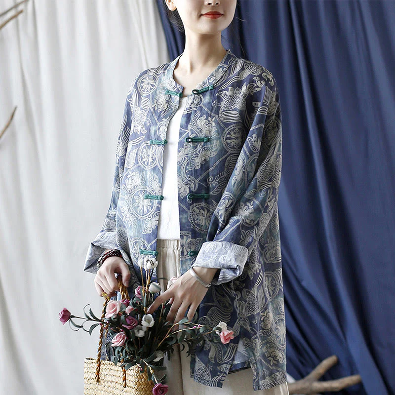 Giacca camicia in lino ramiè a maniche lunghe con bottoni a rana, Buddha Stones, uccelli, fiori e geometria - Image 20