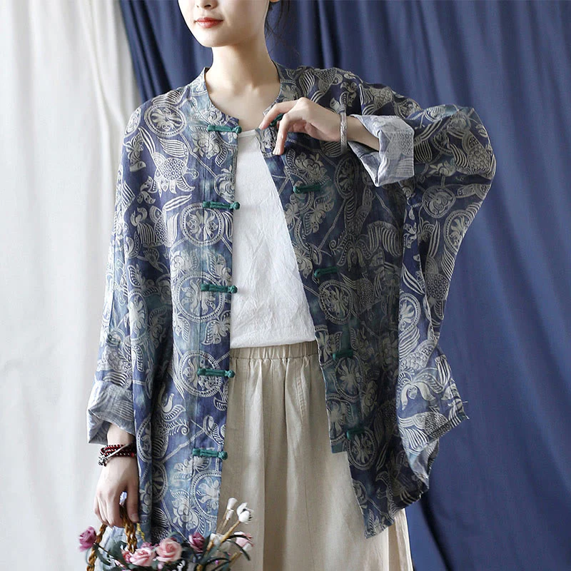 Giacca camicia in lino ramiè a maniche lunghe con bottoni a rana, Buddha Stones, uccelli, fiori e geometria - Image 21