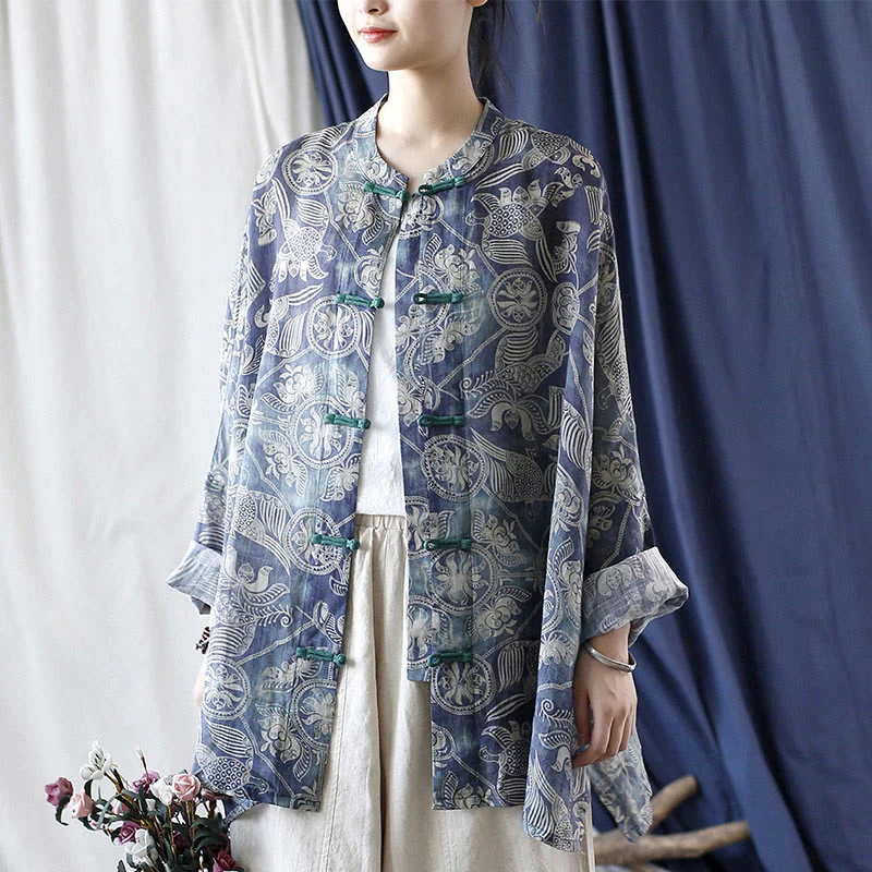 Giacca camicia in lino ramiè a maniche lunghe con bottoni a rana, Buddha Stones, uccelli, fiori e geometria - Image 22