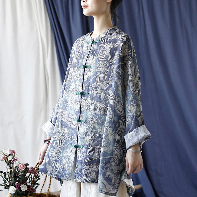 Giacca camicia in lino ramiè a maniche lunghe con bottoni a rana, Buddha Stones, uccelli, fiori e geometria - Image 23