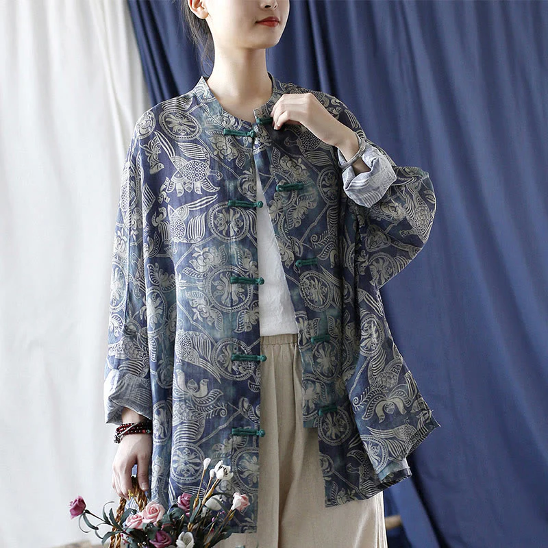 Giacca camicia in lino ramiè a maniche lunghe con bottoni a rana, Buddha Stones, uccelli, fiori e geometria - Image 24