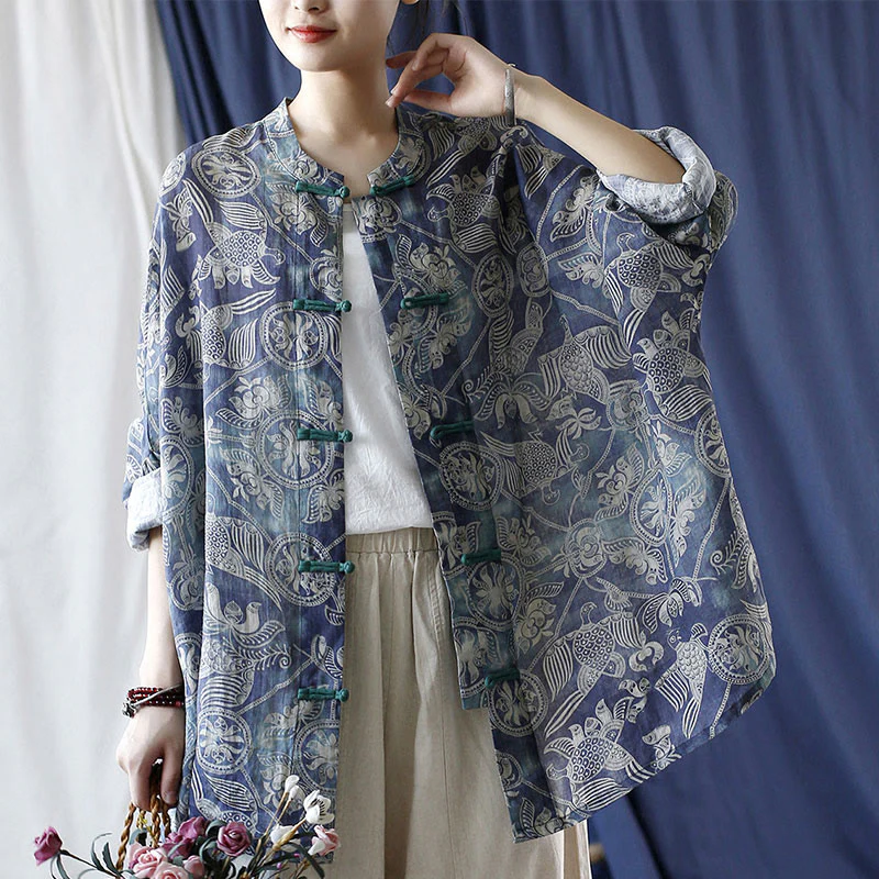 Giacca camicia in lino ramiè a maniche lunghe con bottoni a rana, Buddha Stones, uccelli, fiori e geometria - Image 25