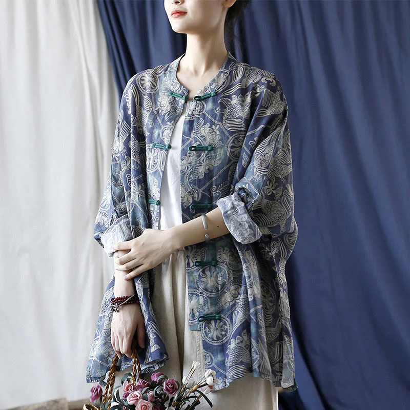 Giacca camicia in lino ramiè a maniche lunghe con bottoni a rana, Buddha Stones, uccelli, fiori e geometria - Image 26