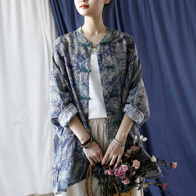 Giacca camicia in lino ramiè a maniche lunghe con bottoni a rana, Buddha Stones, uccelli, fiori e geometria - Image 27