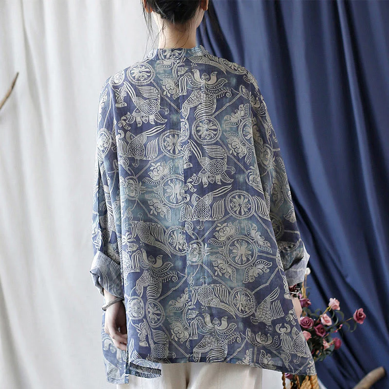 Giacca camicia in lino ramiè a maniche lunghe con bottoni a rana, Buddha Stones, uccelli, fiori e geometria - Image 4