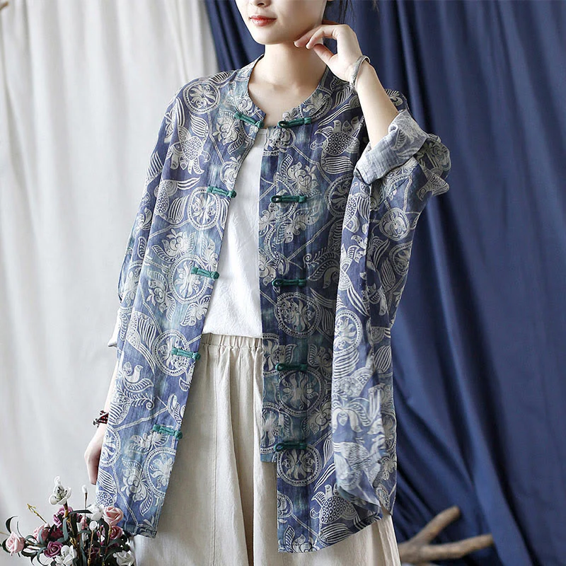 Giacca camicia in lino ramiè a maniche lunghe con bottoni a rana, Buddha Stones, uccelli, fiori e geometria - Image 5