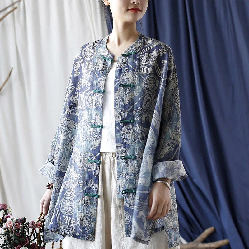 Giacca camicia in lino ramiè a maniche lunghe con bottoni a rana, Buddha Stones, uccelli, fiori e geometria - Image 6