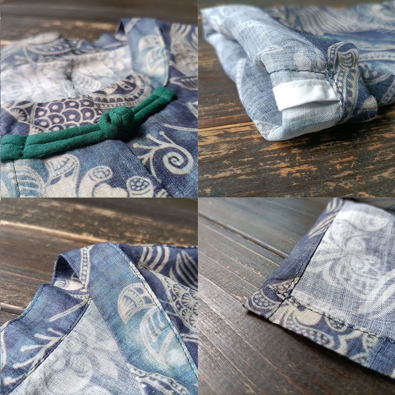 Giacca camicia in lino ramiè a maniche lunghe con bottoni a rana, Buddha Stones, uccelli, fiori e geometria - Image 7