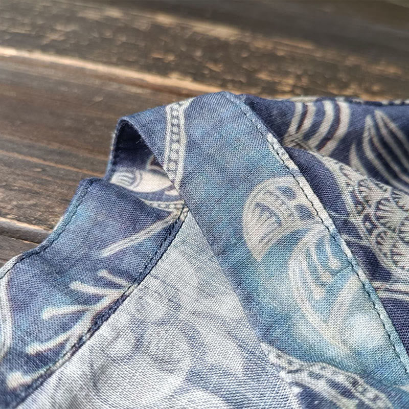 Giacca camicia in lino ramiè a maniche lunghe con bottoni a rana, Buddha Stones, uccelli, fiori e geometria - Image 8