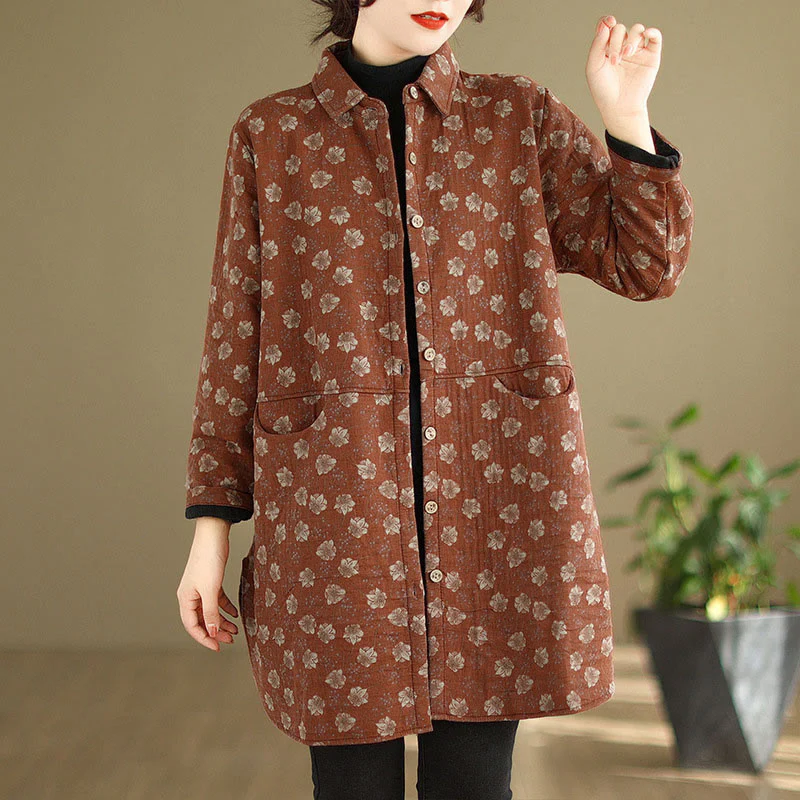 Giacca da donna in cotone a maniche lunghe con tasche, motivo floreale, bottoni autunno inverno Buddha Stones - Image 14