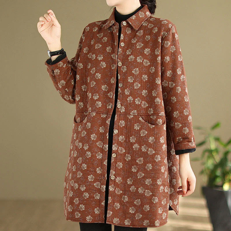 Giacca da donna in cotone a maniche lunghe con tasche, motivo floreale, bottoni autunno inverno Buddha Stones - Image 16
