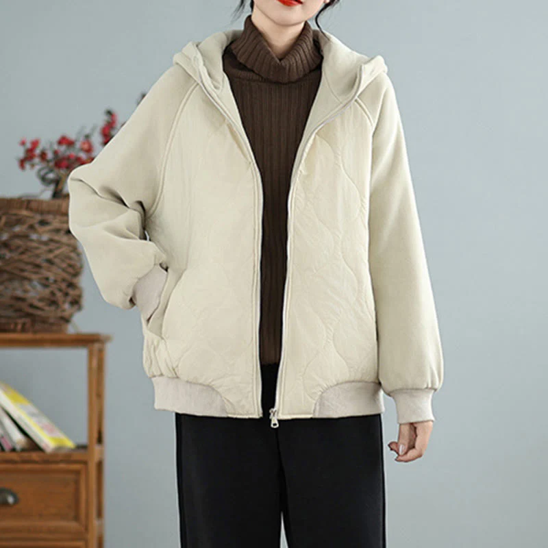 Giacca da donna in cotone con cappuccio caldo e spesso a maniche lunghe Buddha Stones con tasche - Image 3