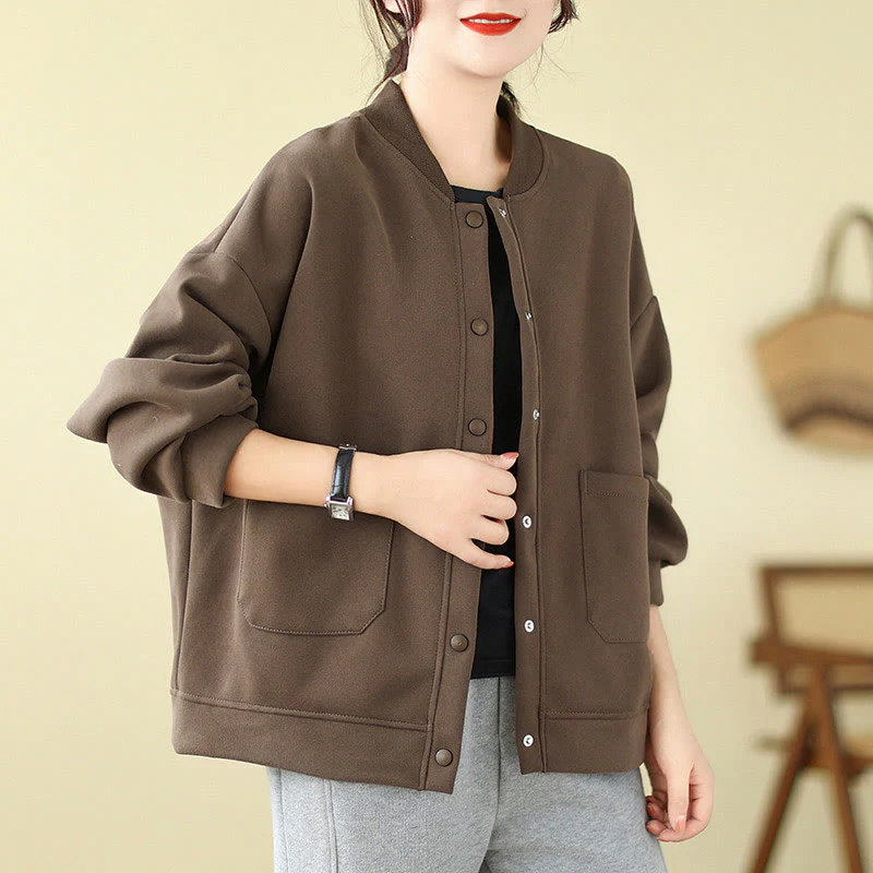 Giacca da donna in cotone con maniche lunghe, scollo rotondo, bottoni e tasche , Buddha Stones Plain - Image 24
