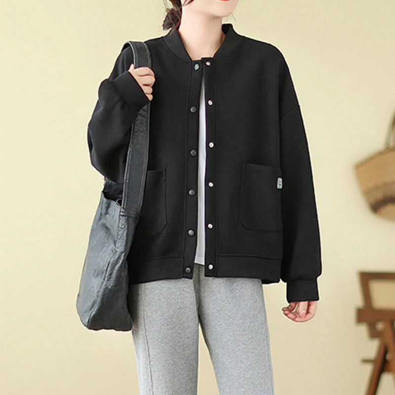 Giacca da donna in cotone con maniche lunghe, scollo rotondo, bottoni e tasche , Buddha Stones Plain - Image 7