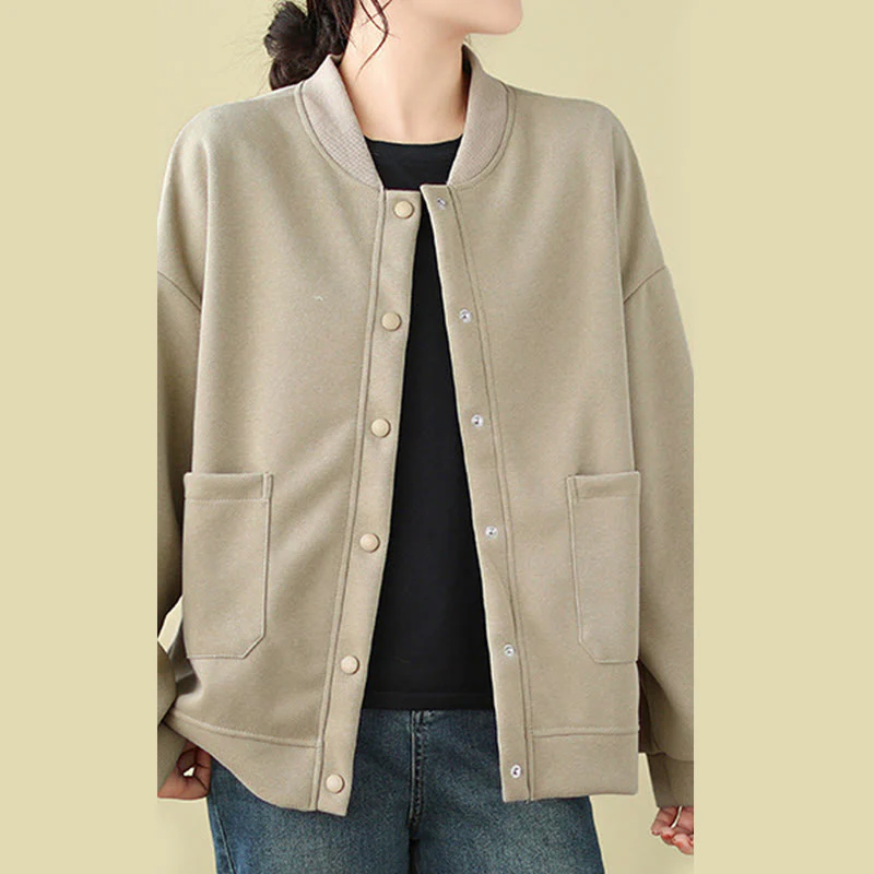 Giacca da donna in cotone con maniche lunghe, scollo rotondo, bottoni e tasche , Buddha Stones Plain - Image 9