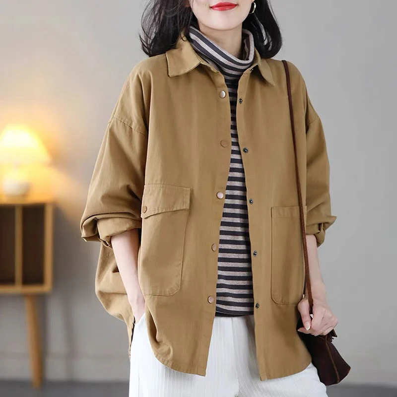 Giacca da donna in cotone con risvolto, casual, vintage, in tinta unita, con Buddha Stones
