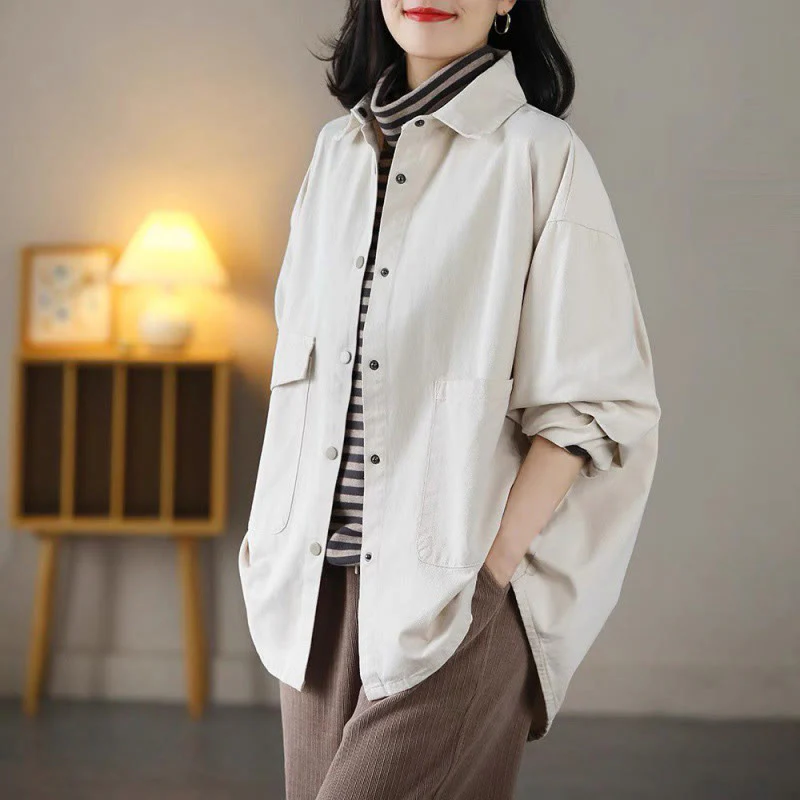 Giacca da donna in cotone con risvolto, casual, vintage, in tinta unita, con Buddha Stones - Image 11
