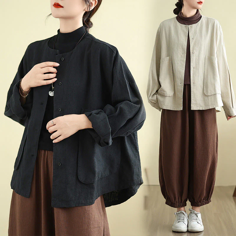Giacca da donna in cotone con scollo rotondo e maniche lunghe Buddha Stones con tasche - Image 16