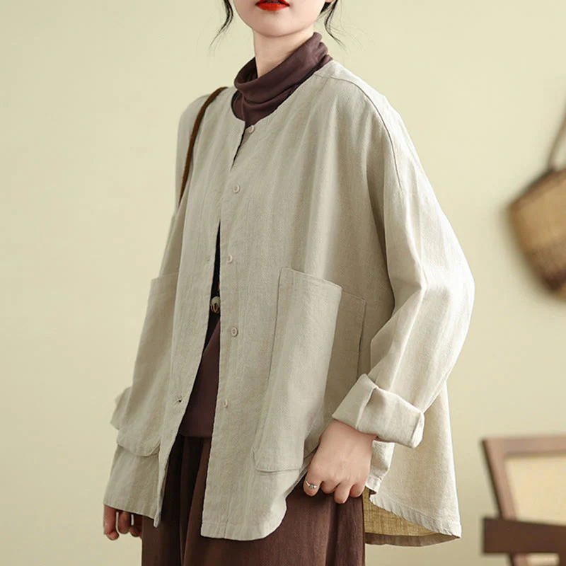 Giacca da donna in cotone con scollo rotondo e maniche lunghe Buddha Stones con tasche - Image 3