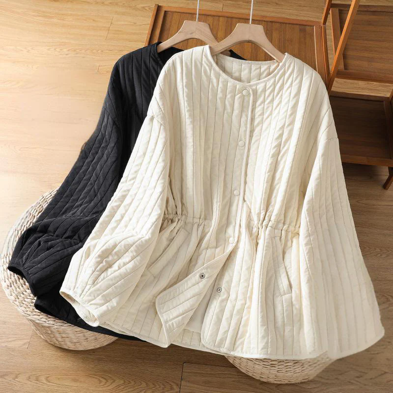 Giacca da donna in cotone con scollo rotondo semplice, coulisse e maniche lunghe, con tasca, modello Buddha Stones