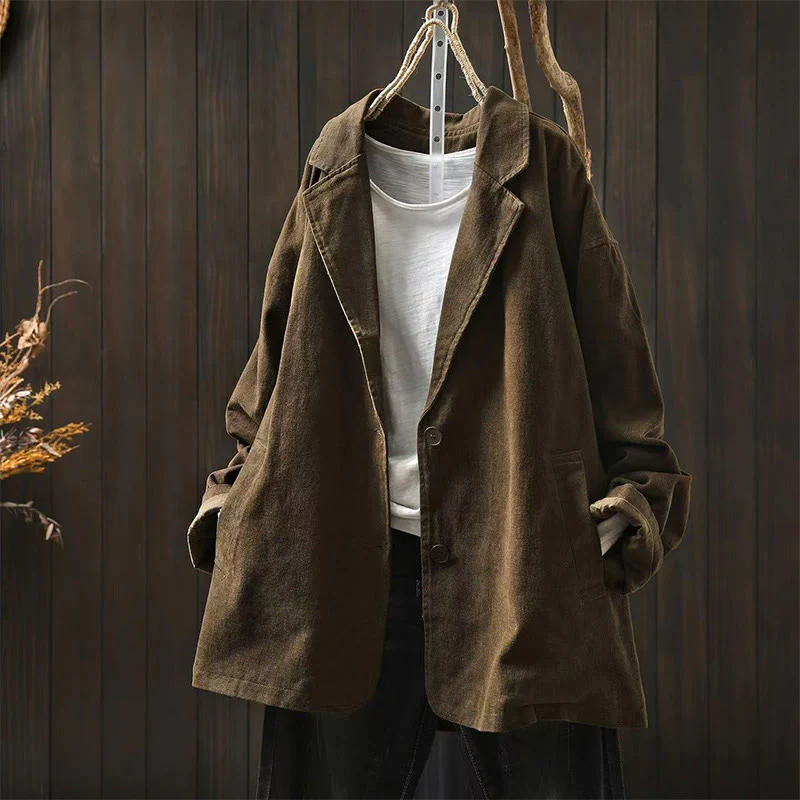 Giacca da donna in cotone di media lunghezza con tasche, maniche lunghe, colletto con revers, motivo Buddha Stones, primavera-autunno - Image 13